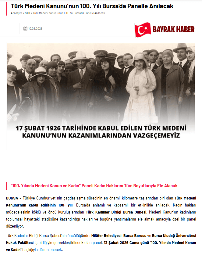 Türk Medeni Kanunu'nun 100. Yılı Bursa'da Panelle Anılacak