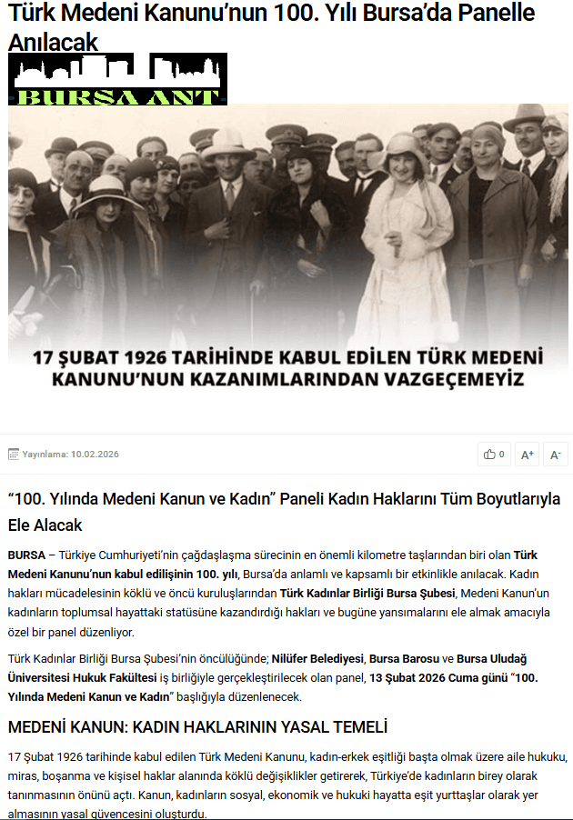 Türk Medeni Kanunu'nun 100. Yılı Bursa'da Panelle Anılacak