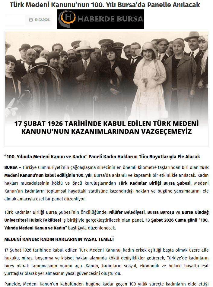 Türk Medeni Kanunu'nun 100. Yılı Bursa'da Panelle Anılacak