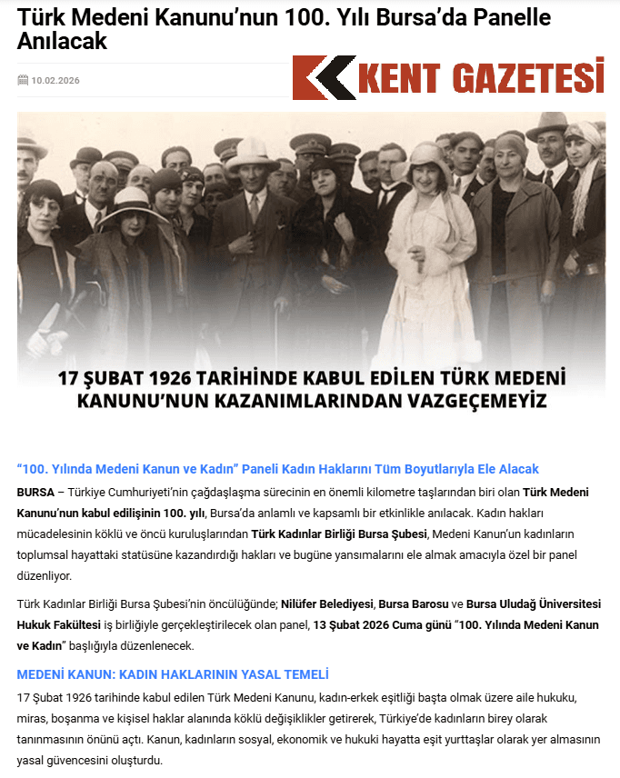 Türk Medeni Kanunu'nun 100. Yılı Bursa'da Panelle Anılacak