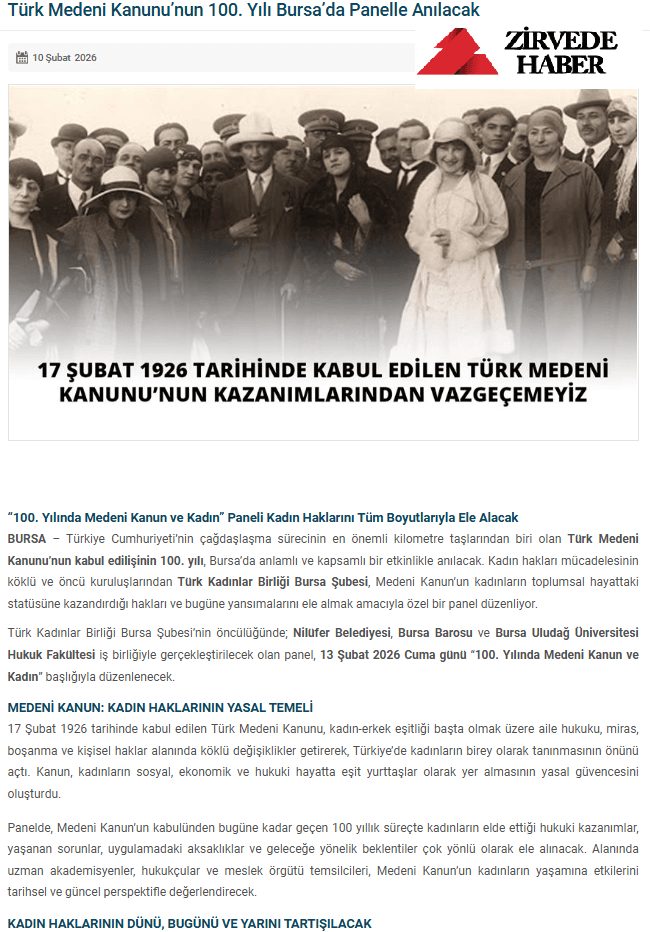 Türk Medeni Kanunu'nun 100. Yılı Bursa'da Panelle Anılacak