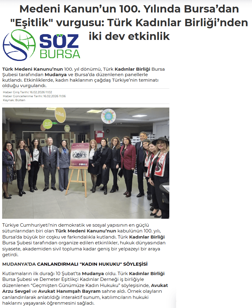Medeni Kanun'un 100. Yılında Bursa'dan Eşitlik Vurgusu — TKB'den İki Dev Etkinlik