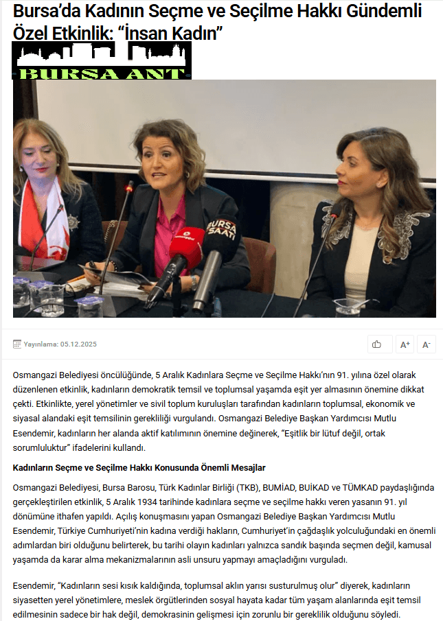 Bursa'da Kadının Seçme ve Seçilme Hakkı Gündemli Özel Etkinlik: 'İnsan Kadın'