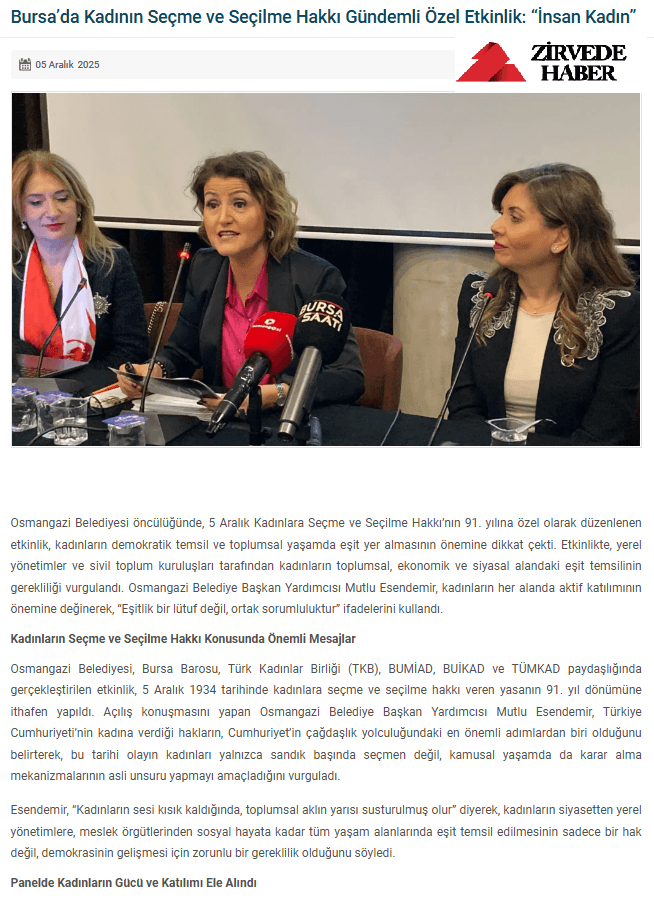 Bursa'da Kadının Seçme ve Seçilme Hakkı Gündemli Özel Etkinlik: 'İnsan Kadın'