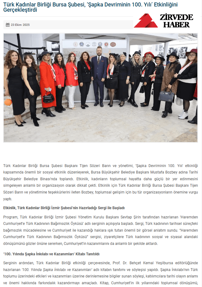 Türk Kadınlar Birliği Bursa Şubesi 'Şapka Devriminin 100. Yılı' Etkinliğini Gerçekleştirdi