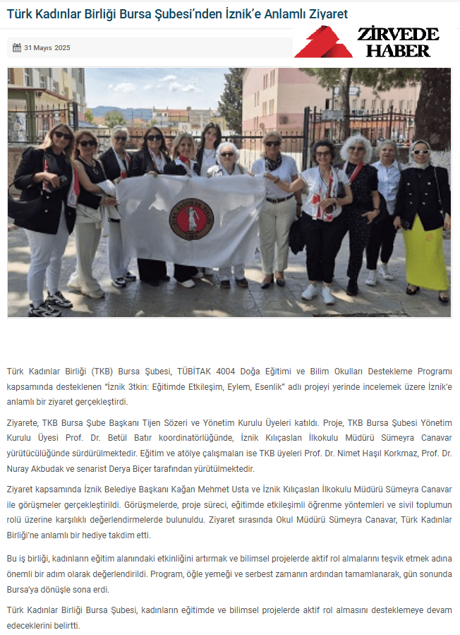 Türk Kadınlar Birliği Bursa Şubesi'nden İznik'e Anlamlı Ziyaret